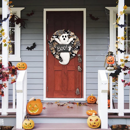 Dysetcs 15.7in Halloween Wreath for Front Door Cute Handmade Halloween Ghost Wreath Artificial Halloween Wreath for Front Door Window Wall Halloween Hanging Decoration,Black