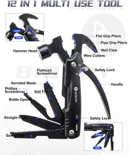 BIBURY 12-in-1 Hammer Multitool Survival Gear – Stainless Steel Camping & Outdoor Multi Tool with Safety Lock and Nylon Pouch - PuriLite