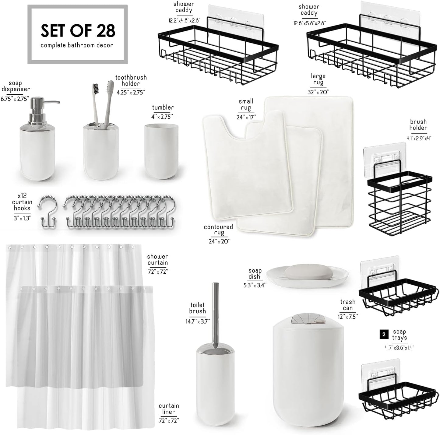 Clara Clark Bathroom Set - Gray Bathroom Accessories Set, Bathroom Sets with Shower Curtain and Rugs, 23PC Shower Curtain Set with Liner, Soap Dispenser, Soap Dish, Toilet Brush Holder, and Trash Can