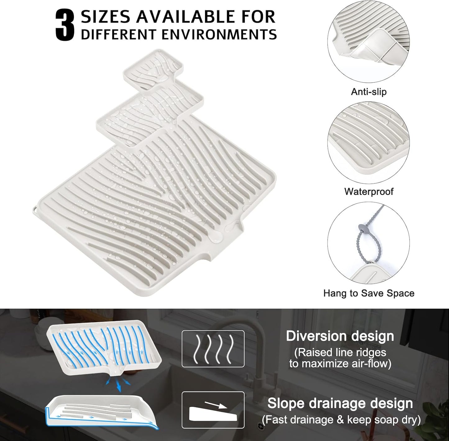 TIKNIK Silicone Dish Drying Mat for Kitchen Counter, Dish Drying Pad, Non-Slip Drain Pad with Built-in Drain, Heat Resistant Stone Drying Mat(40 L x 33 W cm, Grey)