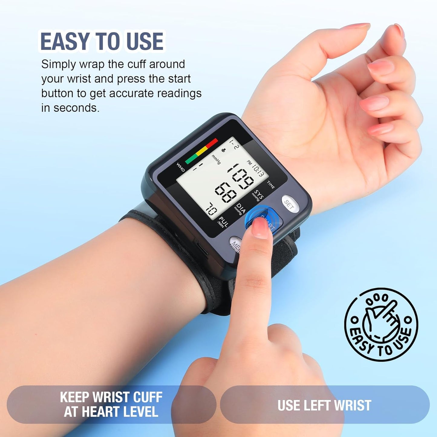 WRIST DIGITAL BLOOD PRESSURE MONITOR MACHINE BP CUFF FOR HOME USE (Black, Backlit LCD Display)