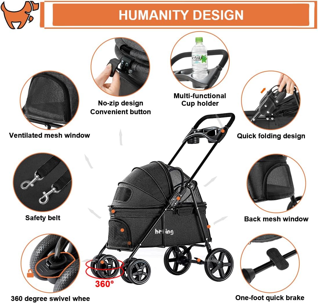 Pet Stroller, Folding Cat Dog Stroller for Medium Small Dogs & Cats | All-Terrain Pet Stroller 4 Wheels Lightweight Travel Carriage Jogging Stroller,Black