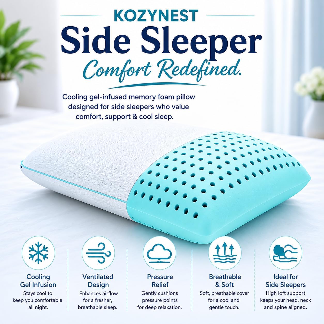 Side Sleeper High Loft Cooling Gel Infused Memory Foam Pillow, Washable Cover - Standard/Queen size .