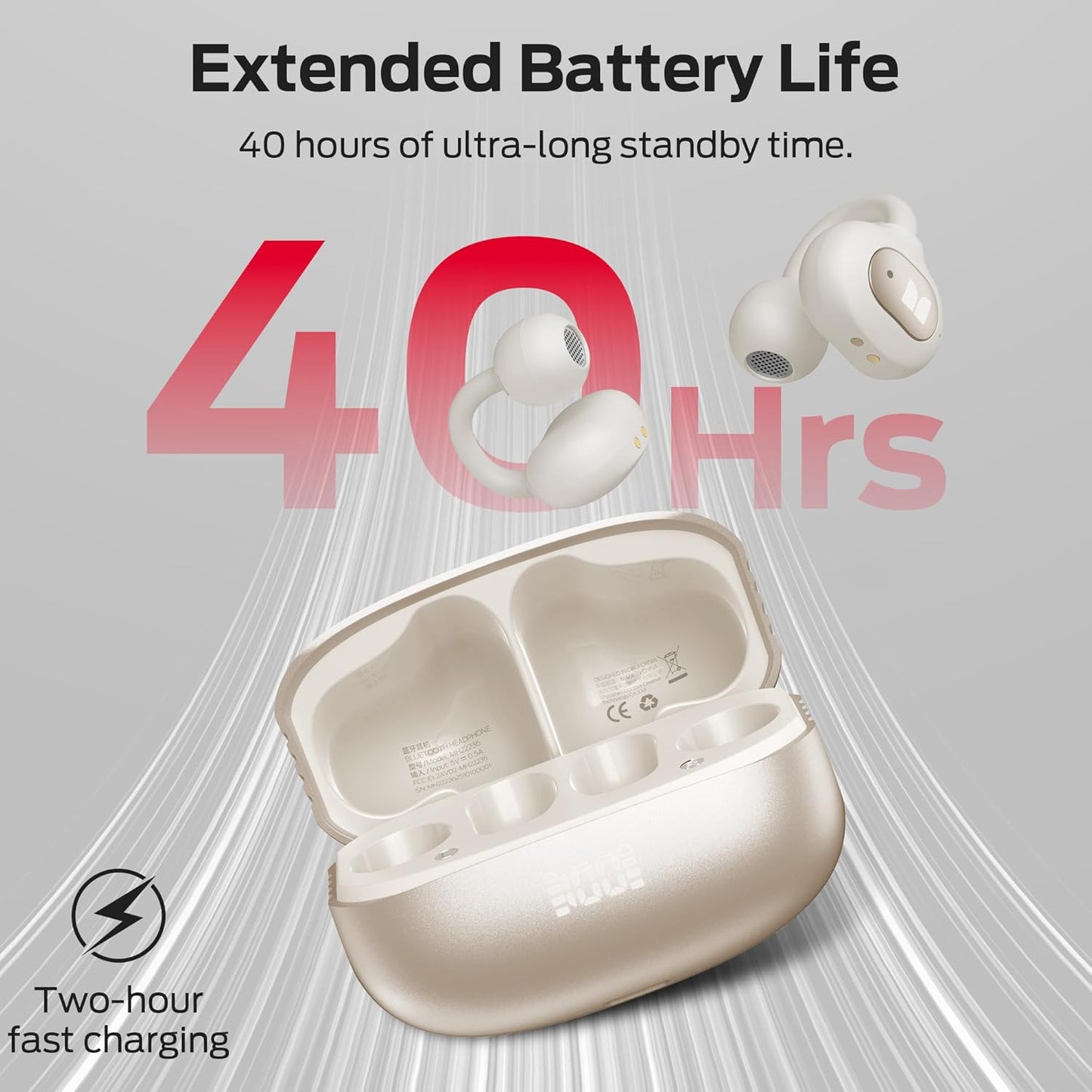 Monster Open Ear AC339 Headphones, Bluetooth 6.0 Earphones Stereo Sound, Open Ear Clip Wireless Earbuds 40 Hours Playback, with Smart Digital Display Design, Touch Control, IPX6 Waterproof,Beige