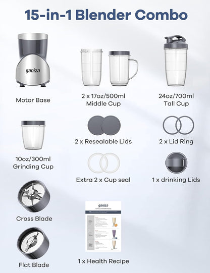 Smoothie Blender, Ganiza Blenders for Smoothies with 15-Piece Blender and Grinder Combo, 4 BPA-Free Personal Blender Cup, for Shakes, Protein Drinks, Fruit Vegetable Drink, Nuts, Spices, Coffee Beans