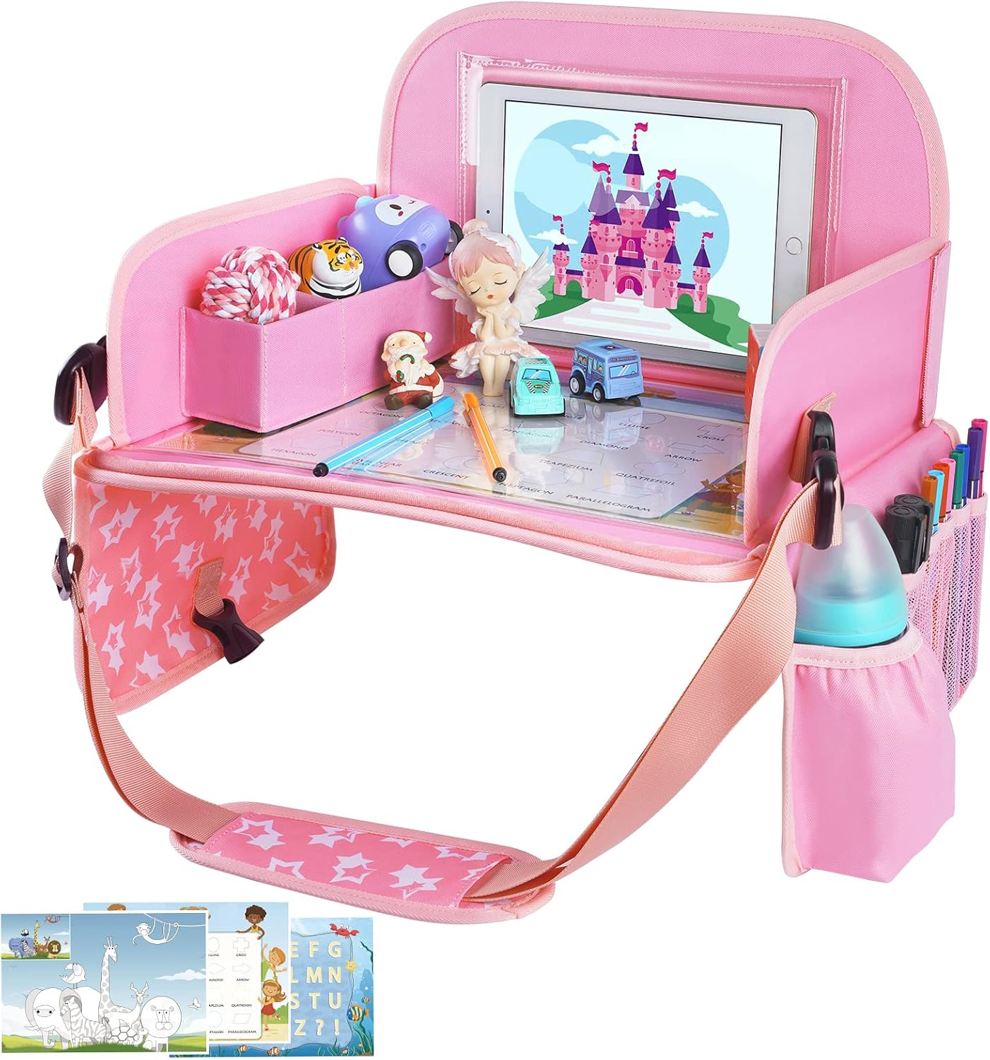 Kids Travel Tray for Car Seat | Portable Lap Desk with Dry Erase Drawing Board, Tablet Holder & Cooler Cup Holder