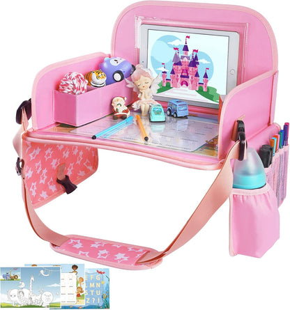 Kids Travel Tray for Car Seat | Portable Lap Desk with Dry Erase Drawing Board, Tablet Holder & Cooler Cup Holder