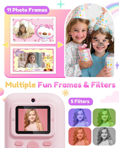 Pussan Kids Camera Instant Print, 1080P Instant Print Camera Toys for 3-12 Year Old Girls, Christmas Birthday Gifts for Age 3 4 5 6 7 Girls, Kids Digital Camera Toys with 3 Rolls Print Paper-Pink