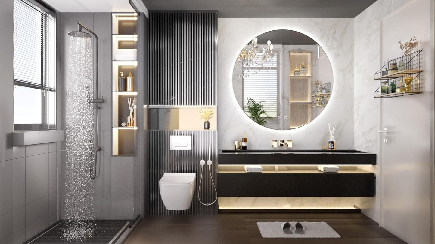 TETOTE 28 Inch Round LED Bathroom Vanity Mirror, Anti-Fog Dimmable Lights IP54 Waterproof Circle Makeup Wall Mounted Mirror