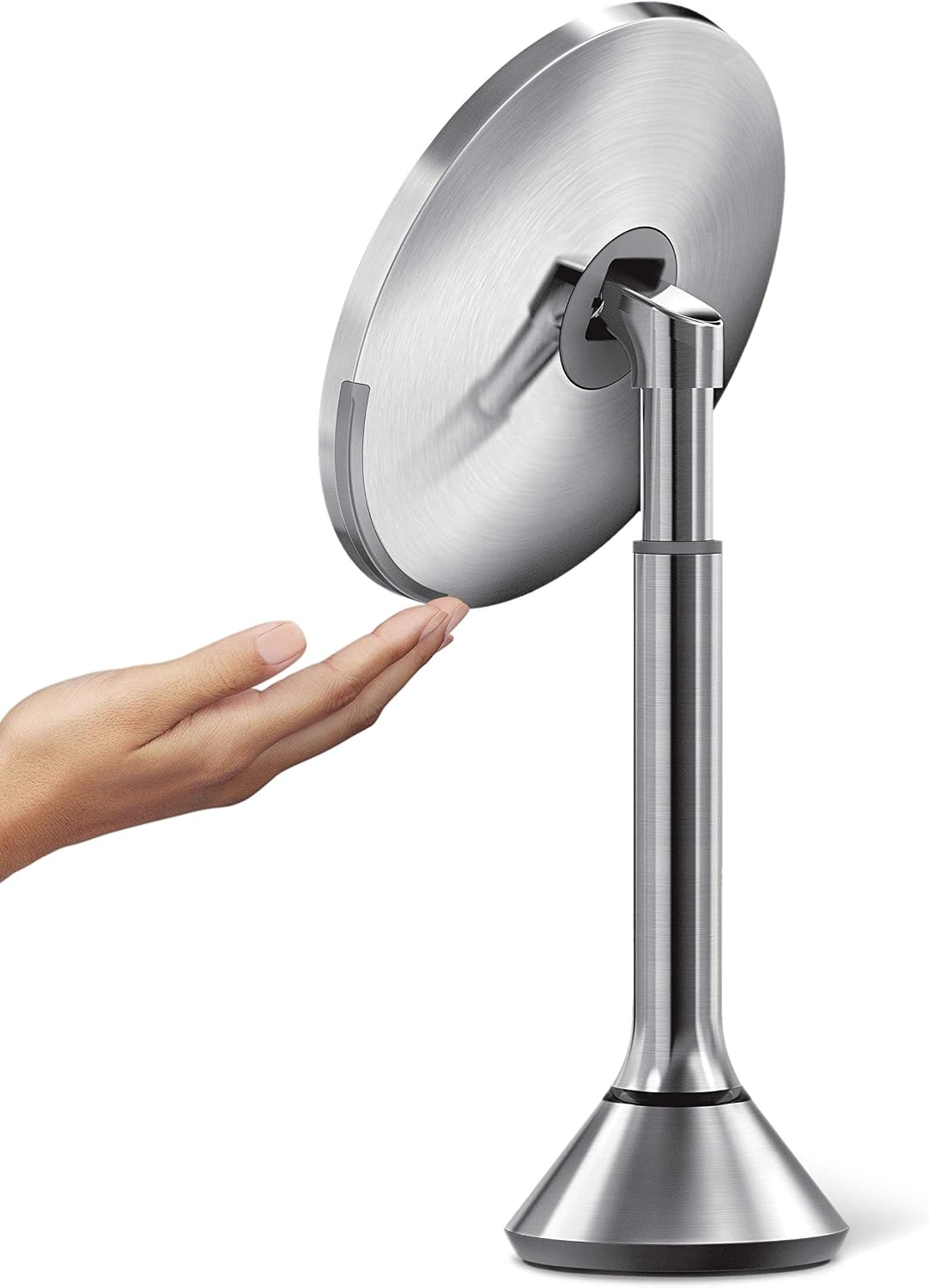 simplehuman 8" Round Sensor Makeup Mirror with Touch-Control Dual Light Settings, 5x Magnification, Rechargeable and Cordless, Brushed Stainless Steel, 8"