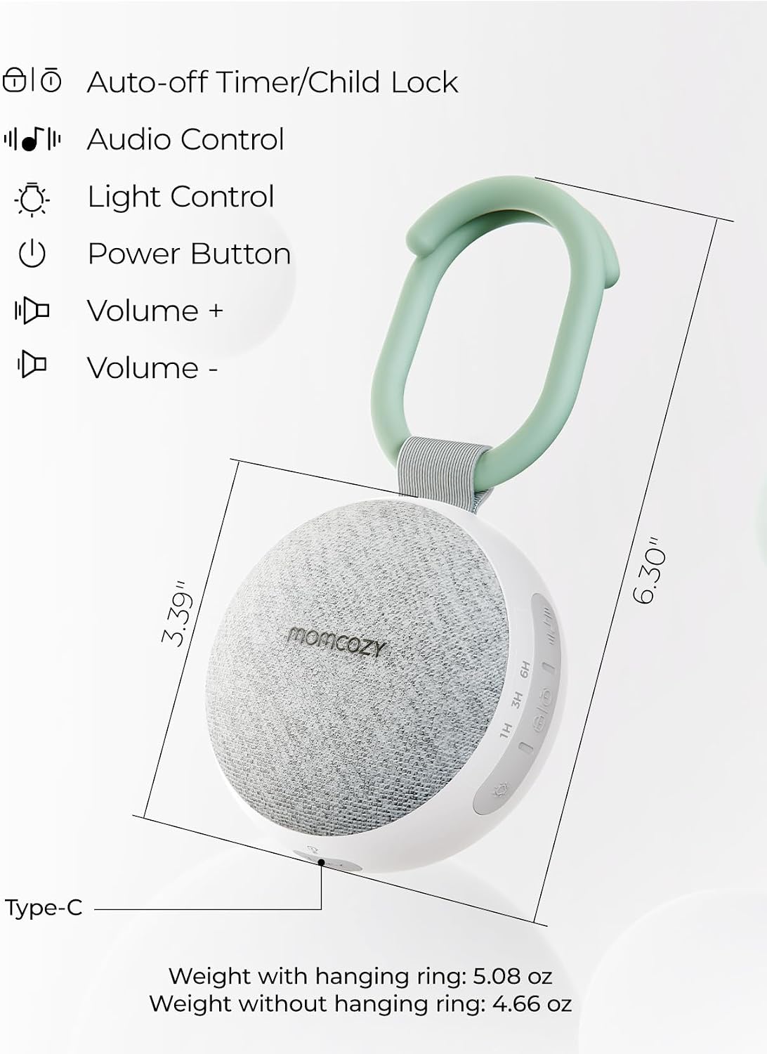 Momcozy Portable Sound Machine with Night Light, White Noise Sound Machine for Baby, 20 Soothing Sounds, Sound Therapy, Long-Lasting Power, Timer, Clips on Stroller, Baby Shower Gifts