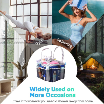 Mesh Shower Caddy Tote, Large College Dorm Bathroom Caddy Organizer with Key Hook and 2 Oxford Handles, Quick Hold, 8 Basket Pockets for Camp Gym