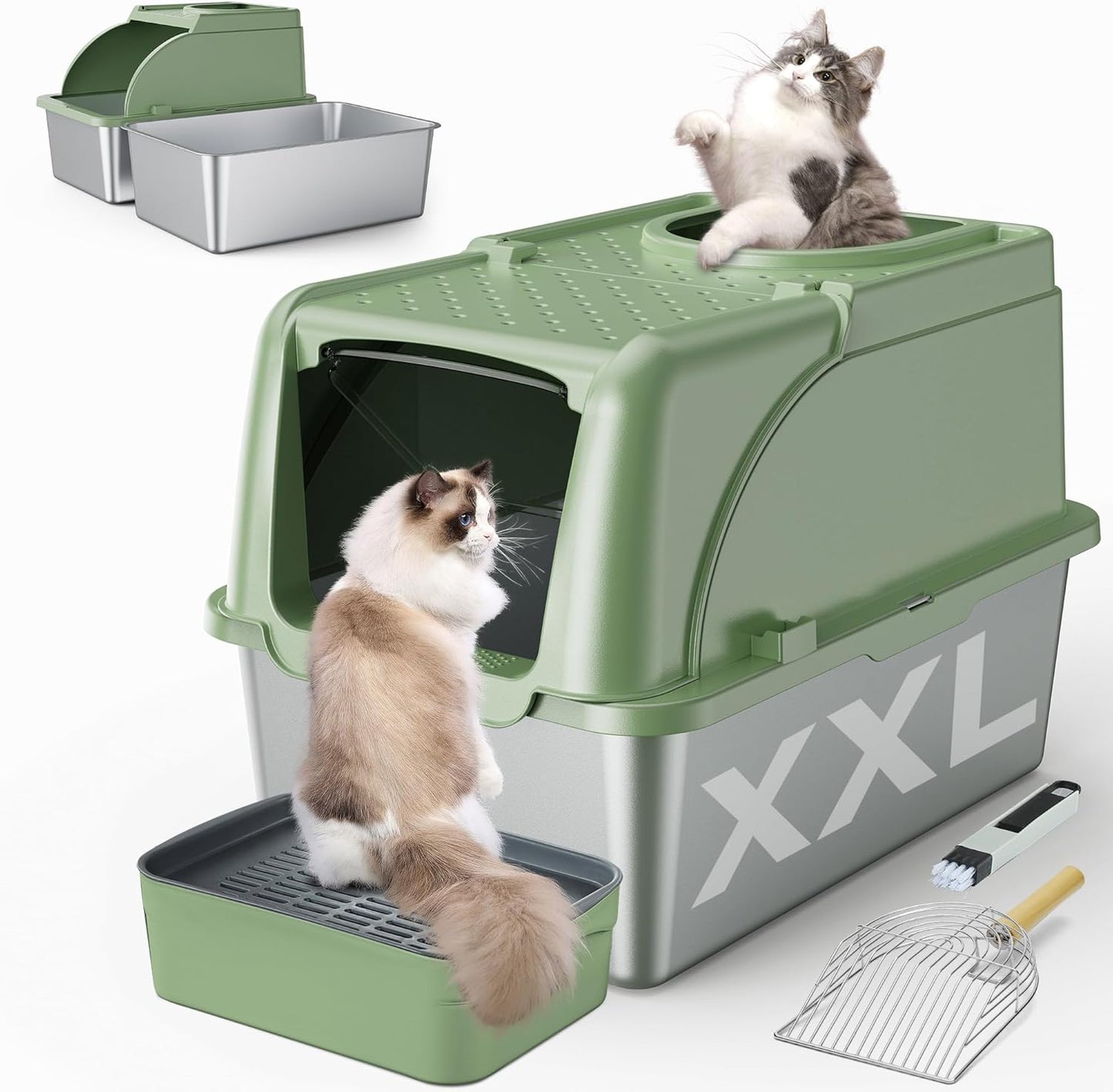Stainless Steel Litter Box, XXL Large Metal Covered Litter Boxes, Dual Entrance Detachable Cat Litter Box with Lid, 16.6'' High Wall Urine Leak Prevention with Cat Litter Scoop (Gray)