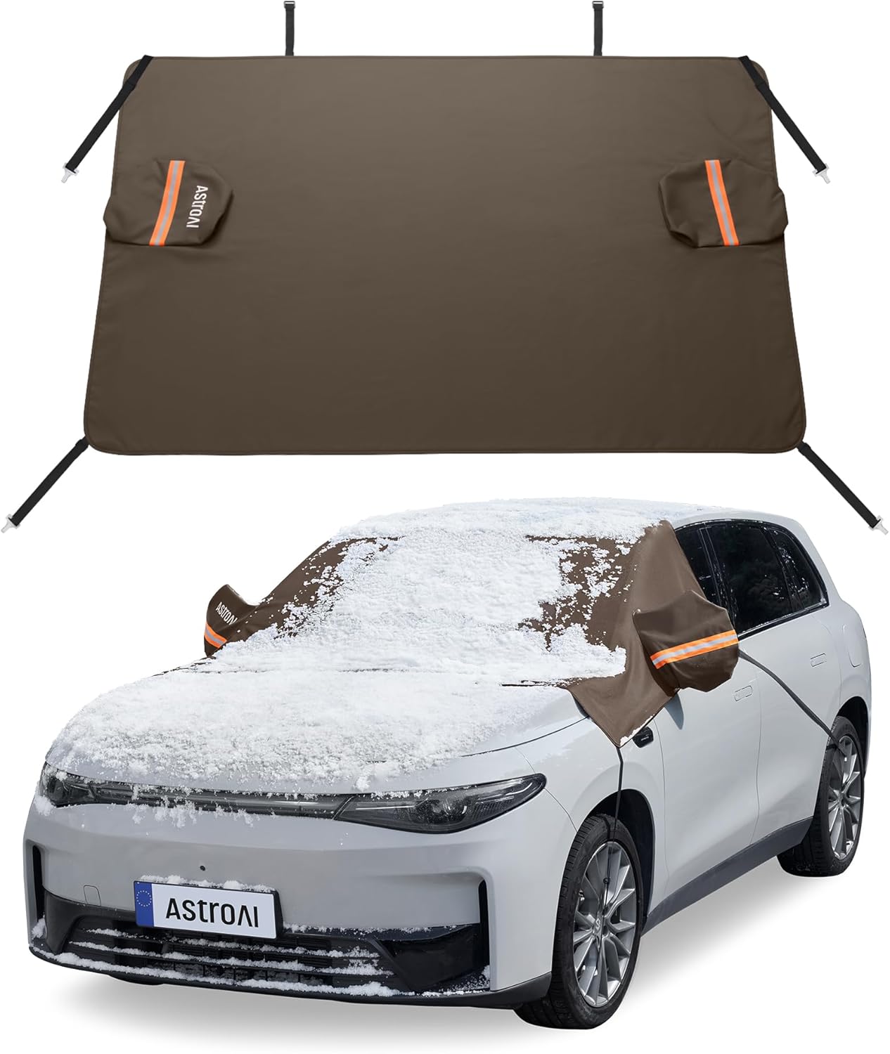 AstroAI Windshield Cover for Snow and Ice, 600D Oxford Fabric, Front Car Windshield Snow Cover, Winter Protection for Cars and Compact SUVs Wiper Mirror Protector Windproof Cover (Brown) - PuriLite