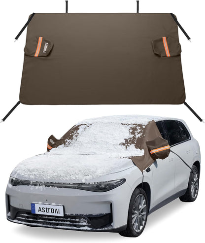 AstroAI Windshield Cover for Snow and Ice, 600D Oxford Fabric, Front Car Windshield Snow Cover, Winter Protection for Cars and Compact SUVs Wiper Mirror Protector Windproof Cover (Brown) - PuriLite