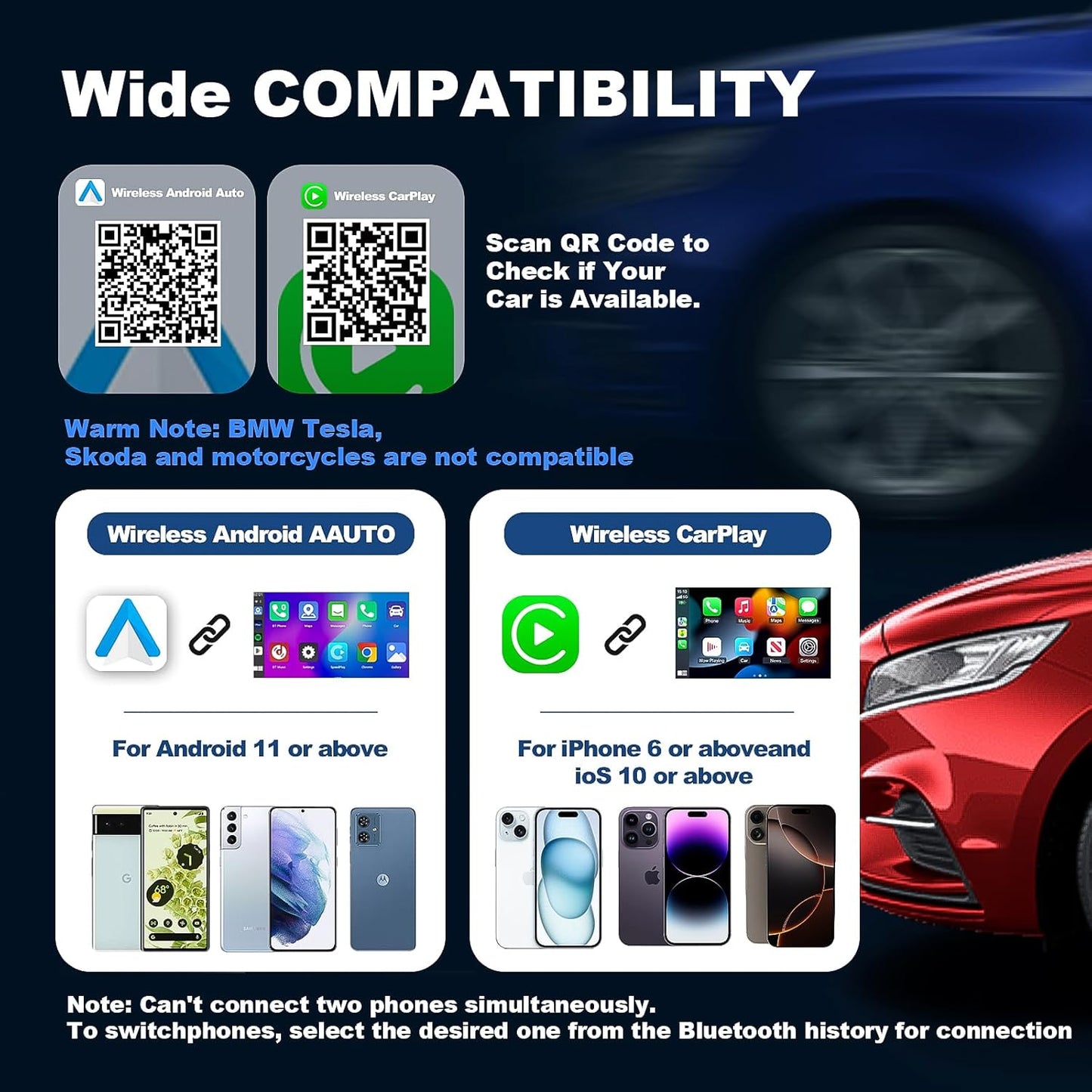 2 in 1 Wireless CarPlay Adaptor & Android Auto Adaptor for iPhone/Android, 2025 Mini Portable Car Dongle for Cars with OEM Wired CarPlay/AA from 2016, Stable Car Control & No Delay