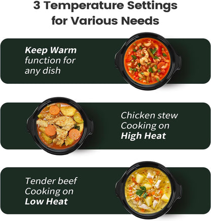 KOOC Small Slow Cooker, 2-Quart, Free Liners Included for Easy Clean-up, Upgraded Ceramic Pot, Adjustable Temp, Nutrient Loss Reduction, Stainless Steel, Black, Round…