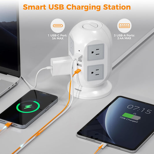 Purilite Select Flat Plug Tower Power Bar with Surge Protector