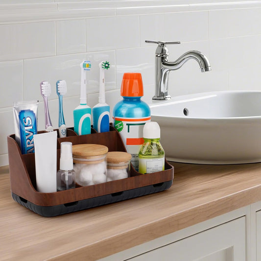 Wood Finish Bathroom Countertop Organizer with 7 Slots, Detachable Toothbrush and Toothpaste Holder with Drainage, Brown - PuriLite
