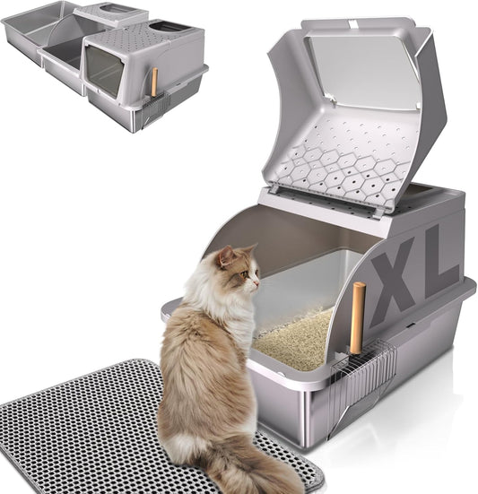 Stainless Steel Cat Litter Box with Lid, 180° Flip Top XL Enclosed Litter Box with Trapping Mat & Metal Scoop, Front Top Dual Entry Steel Extra Large Cat Litter Pan (Grey, X-Large)
