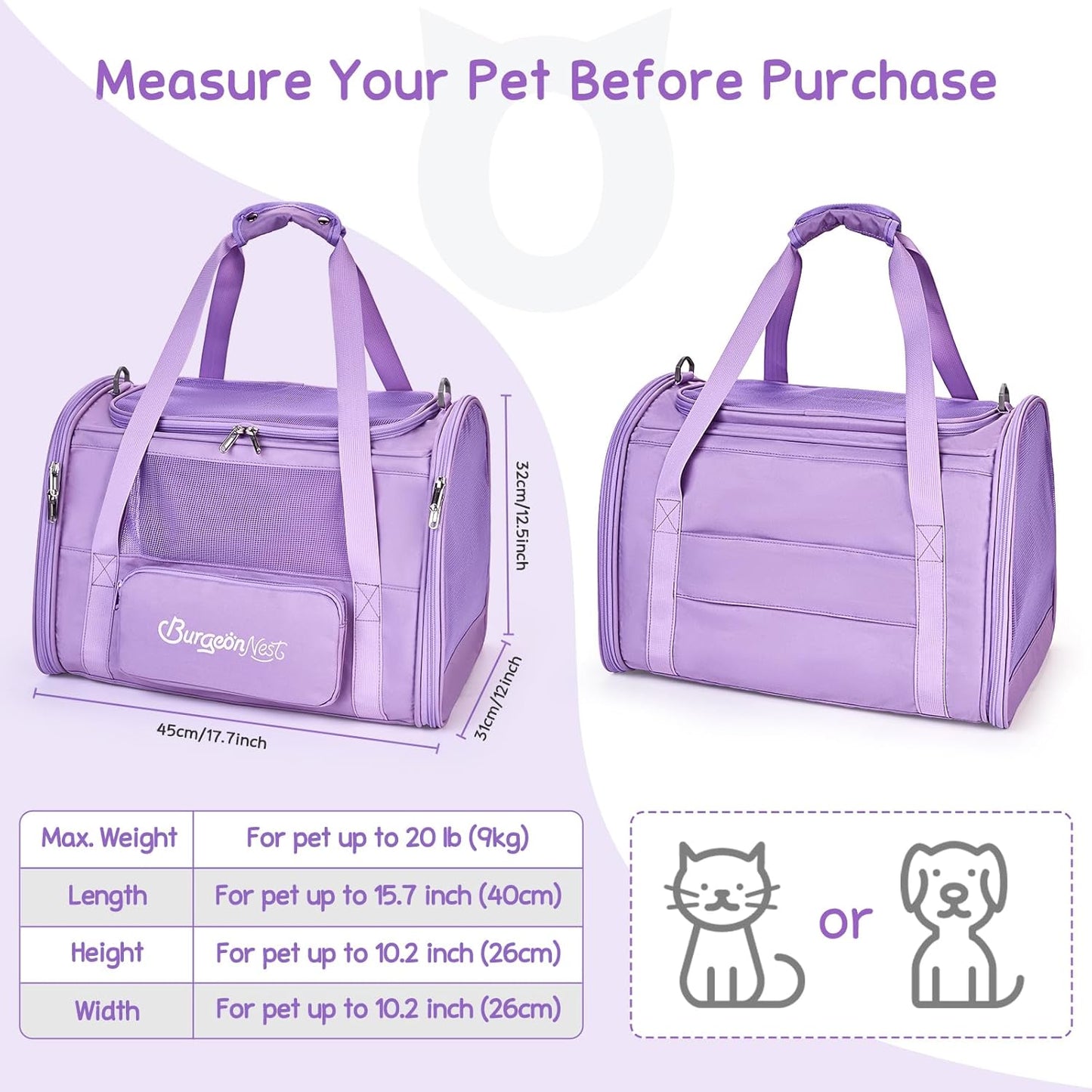 BurgeonNest Cat Carriers for Medium Cats Under 25 lbs, Pet Carrier for Cats with Unique Side Bag,Top Load Small Pet Carrier Soft-Sided Escape Proof with 4 Ventilated Windows