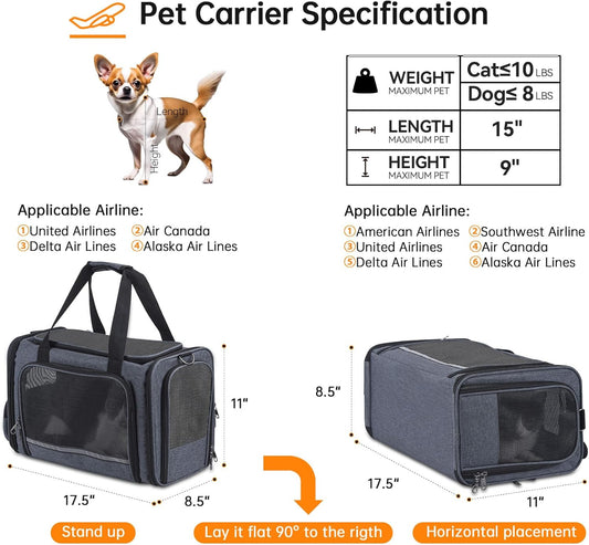 Cat Carrier Pet Travel Carrier by Airplane Approved Under seat, TSA Airline Approved Soft-Sided Carrier Bag for cat,Dogs,17.5 x 8.5 x 11 inches,Grey