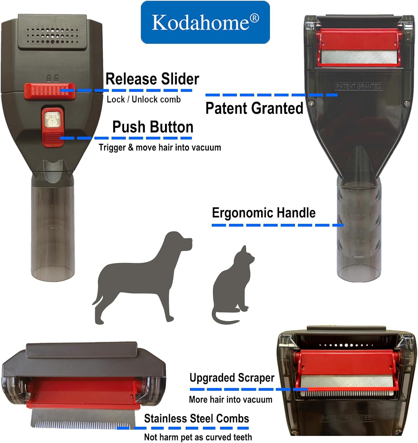 Kodahome Dog Hair Brush Vacuum Attachment for Shedding Grooming, Pet Groom Tool Kit for Most Vacuum Brands, Deshedding Removal Comb with Extension Hose and Universal Adapters