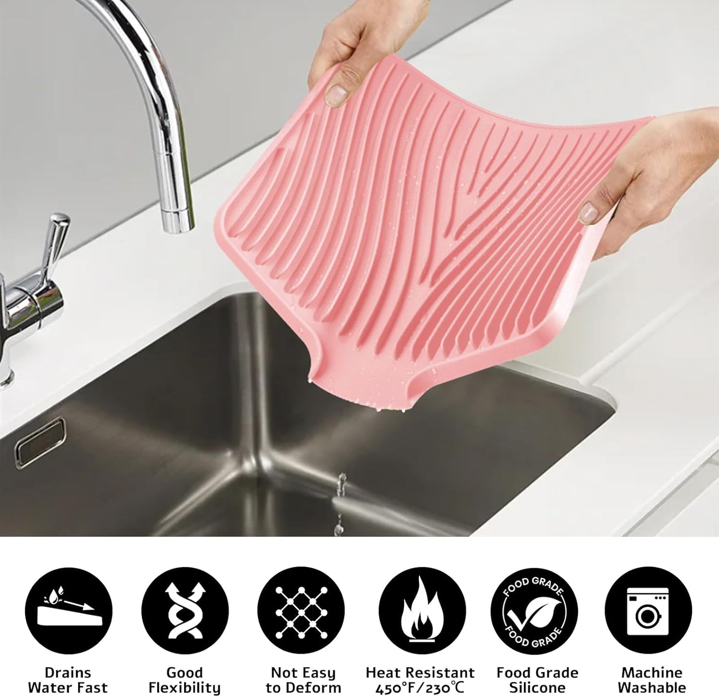 TIKNIK Silicone Dish Drying Mat for Kitchen Counter, Dish Drying Pad, Non-Slip Drain Pad with Built-in Drain, Heat Resistant Stone Drying Mat(40 L x 33 W cm, Grey)
