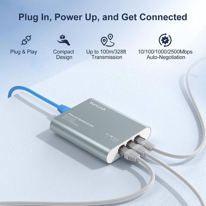 2.5G Ethernet Splitter Switch RJ45, Expand 1 Network Port to 3 Devices VunLink 2500Mbps Network Expander with PoE Input & USB-C Power, VLAN Isolation, Plug and Play for Router, PC, NAS