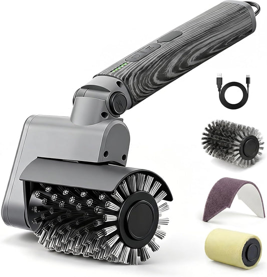Electric Grill Brush Kit – Cordless BBQ Cleaner with Reinforced Safe Metal Bristles – 2 Hours Runtime, Waterproof & Dishwasher Safe Removable Brushes for Deep Cleaning (Black Wood Coating)