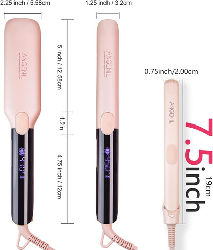 ANGENIL Pro Titanium Flat Iron Hair Straightener, Dual Voltage Straightening and Curling Iron in One, 15s Fast Heating, Negative Ion Round Pink Hair Straightener with Heat Resistant Silicone Mat Pad