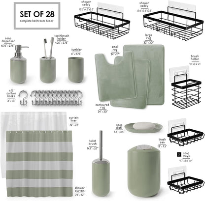 Clara Clark Bathroom Set - Gray Bathroom Accessories Set, Bathroom Sets with Shower Curtain and Rugs, 23PC Shower Curtain Set with Liner, Soap Dispenser, Soap Dish, Toilet Brush Holder, and Trash Can