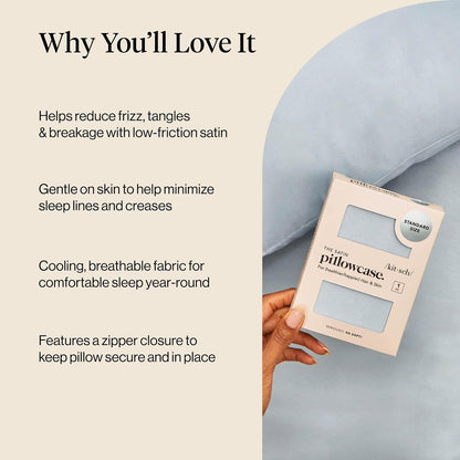 Kitsch Satin Pillowcase with Zipper, Standard Size 19"x26" - Haze Blue | Softer Than Silk Pillow Cases, Smooth Cooling Satin Pillow Case for Hair and Skin, Wrinkle-Free, Machine Washable