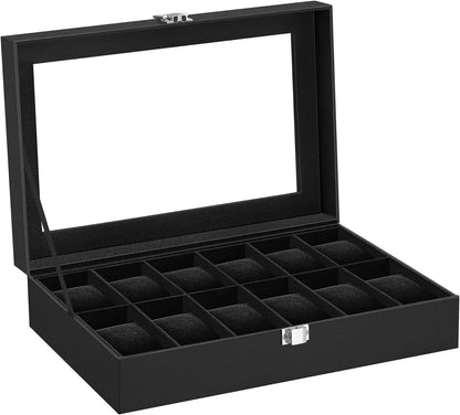 SONGMICS Watch Box, 6-Slot Watch Case, Watch Box Organizer, Black Synthetic Leather, Greenish Gray Lining UJWB06BK
