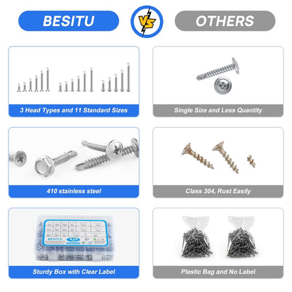 Besitu 400PCS Self Tapping Screws, 410 Stainless Steel Self Drilling Screws #8#10 Black Oxide Sheet Metal Screws, Length 1/2" to 1-1/4'', Truss Head Wood Screws Assortment for Metal, Plastic and RV