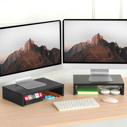 TEAMIX 2 Pack Wood Monitor Stand Riser, Black Adjustable Computer Stand Dual Monitor Riser for Monitors/Laptops/TV, Desktop Shelf Space-Saving - PuriLite