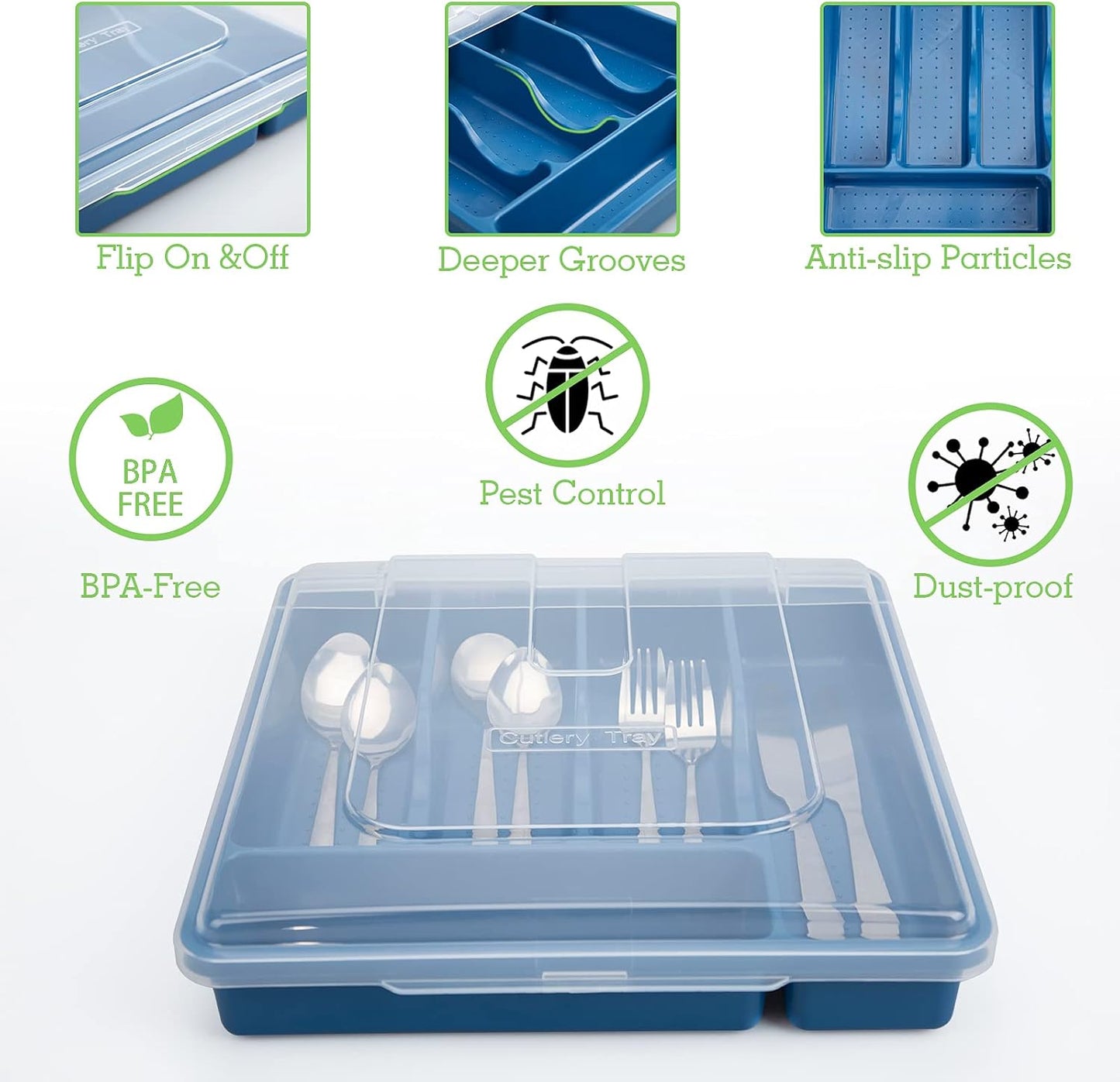 Silverware Tray with Lid, Utensil Drawer Organizer for Kitchen Countertop Plastic Flatware Organizers and Storage holder 5 Compartments,Blue