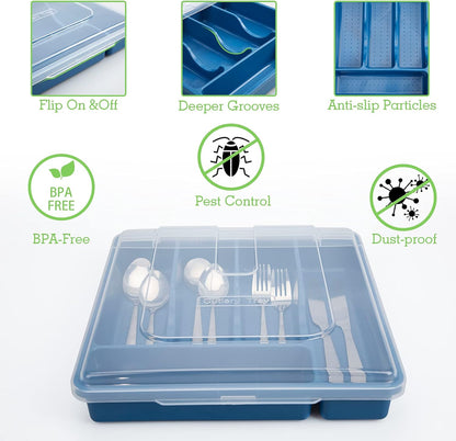 Silverware Tray with Lid, Utensil Drawer Organizer for Kitchen Countertop Plastic Flatware Organizers and Storage holder 5 Compartments,Blue
