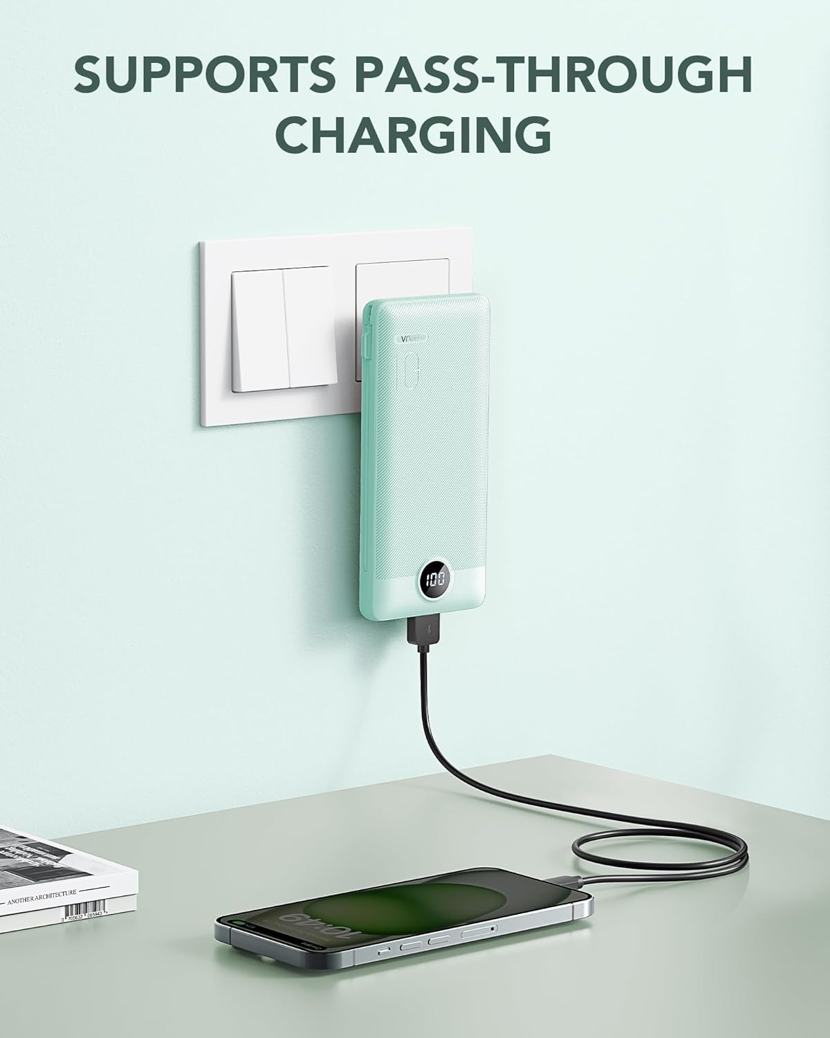 Power Bank Built-in Cables, VRURC 10000mAh Portable Charger USB C, Lightweight Charging Bank Built-in AC Plug, Replacement Battery Compatible with All Kinds of Cellphones, Tablet etc-Blue