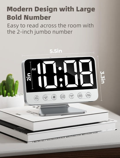 Odokee Digital Alarm Clocks for Bedrooms: Large Bold Number 5 Brightness Dimmer - Easy to Read Across The Room - 5 Alarm Sound 8 Night Light - Silver