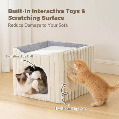 Avont Cat Cube Bed for Indoor Cats, 2-in-1 Enclosed Cat House with Scratching Pad, Foldable Cave Hideaway Bed for Kittens -Cream