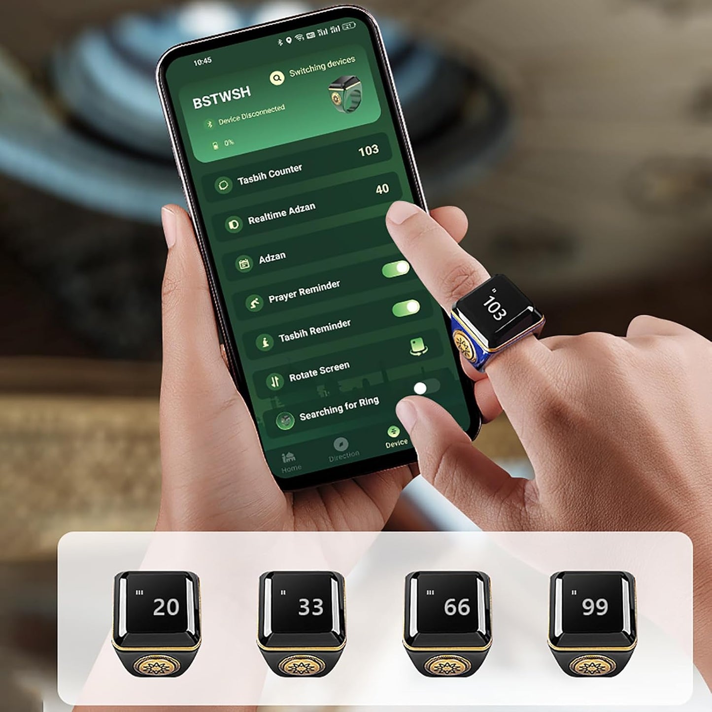 Yuentoen Smart Tasbih Ring, Muslim Digital Ring with 0.49in Display,Tasbih Tally Clicker Finger Counter,Prayer Time Vibration Remind, Counter Prayer Reminder (Color:Black, Size:22mm)