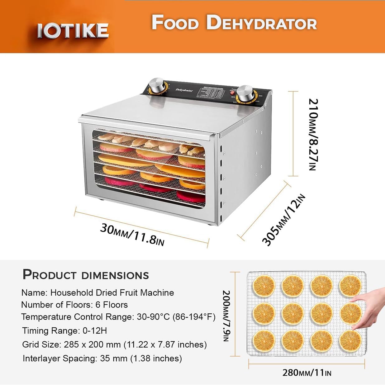 Electric Food Dehydrator, Commercial Freeze Dryer with 12H Timer, 30-90℃ Temperature Control, Stainless Steel Fruit Dryer for Jerky, Beef, Herb, Vegetables, Dog Treats