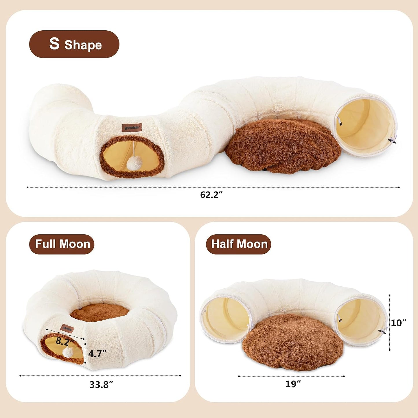 ZOMISIA Cat Tunnel Bed for Indoor Cats, Cute Cat Donut Toy Tunnel for Small Large Cats, Peekaboo Pet Cave Play Tunnel Toys for Kitten/Rabbit,Beige