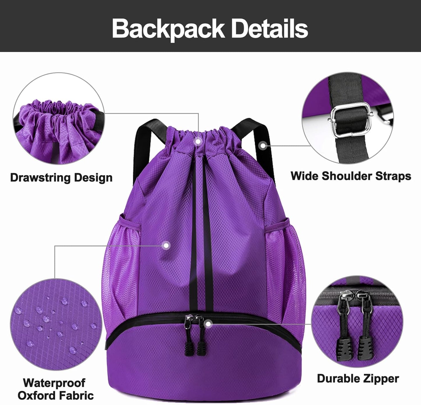 Hoedia Sports Drawstring Backpack - String Swim Gym Bag with Shoes Compartment and Wet Proof Pocket for Women/Men