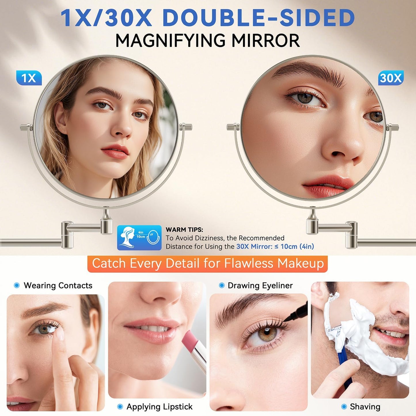 Auxmir Miroir de maquillage mural 30X/1X, miroir grossissant double face de 20,3 cm avec pince à épiler, miroir de maquillage de salle de bain, miroir cosmétique avec bras extensible pivotant à 360°, nickel