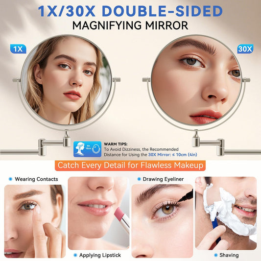 Auxmir Miroir de maquillage mural 30X/1X, miroir grossissant double face de 20,3 cm avec pince à épiler, miroir de maquillage de salle de bain, miroir cosmétique avec bras extensible pivotant à 360°, nickel