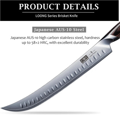 HOSHANHO 12-Inch Japanese High Carbon Steel Carving Knife – Razor Sharp Brisket and Meat Slicing Knife with Ergonomic Pakkawood Handle, Professional Butcher Knife for Meat, Poultry, and Roasts - PuriLite