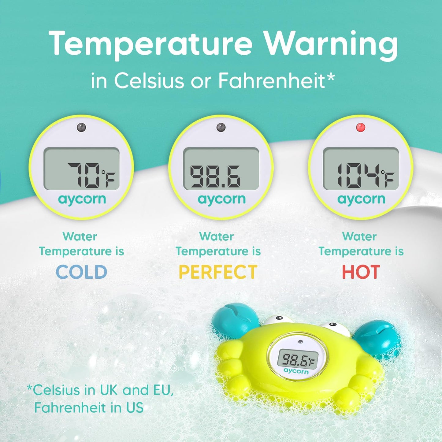 Aycorn Digital Baby Bath Thermometer Baby Safety - Celsius Water Temperature Thermometer & Room Thermometer with LED Display and Temperature Warning - Infant Baby Bath Toys Floating Toy Thermometer