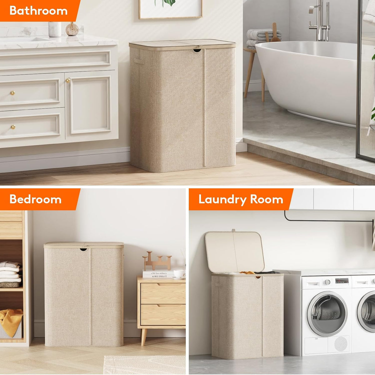 Lifewit 185L Large 3 Section Pop-Up Laundry Hamper with Lid, Beige